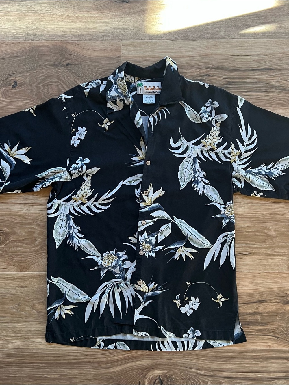 KulaKula Silk Black Medium Tropical Floral Hawaiian Button Down